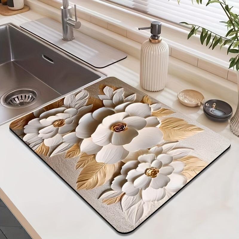 3D Pink Flower Dish Drying Mats Super Absorbent Diatom Mud Rug Home Coffee Table Decor Mat Kitchen Non Slip Tableware Drain Pad