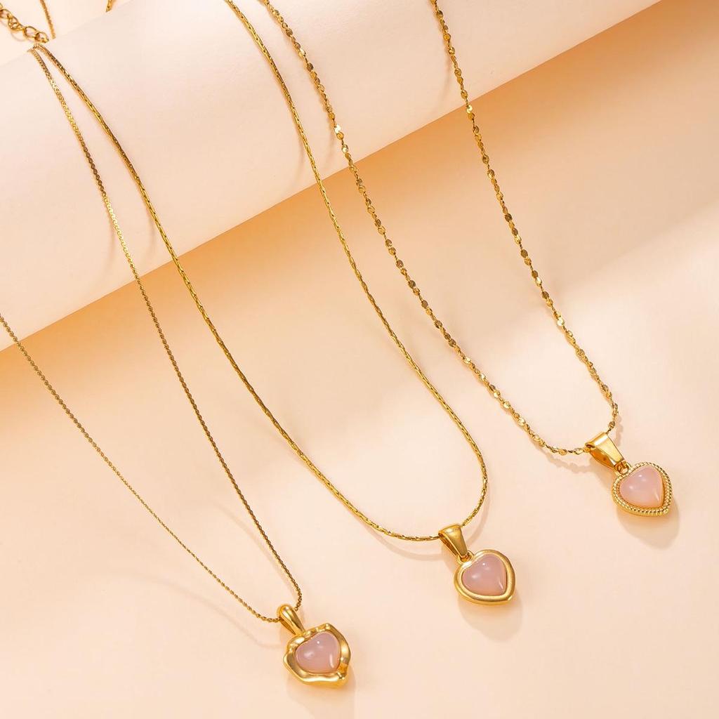 Heart Necklace Set: Natural Stone Cross, Stainless Steel, Waterproof, Colorfast, Fashionable Layered Clavicle Chain for Women