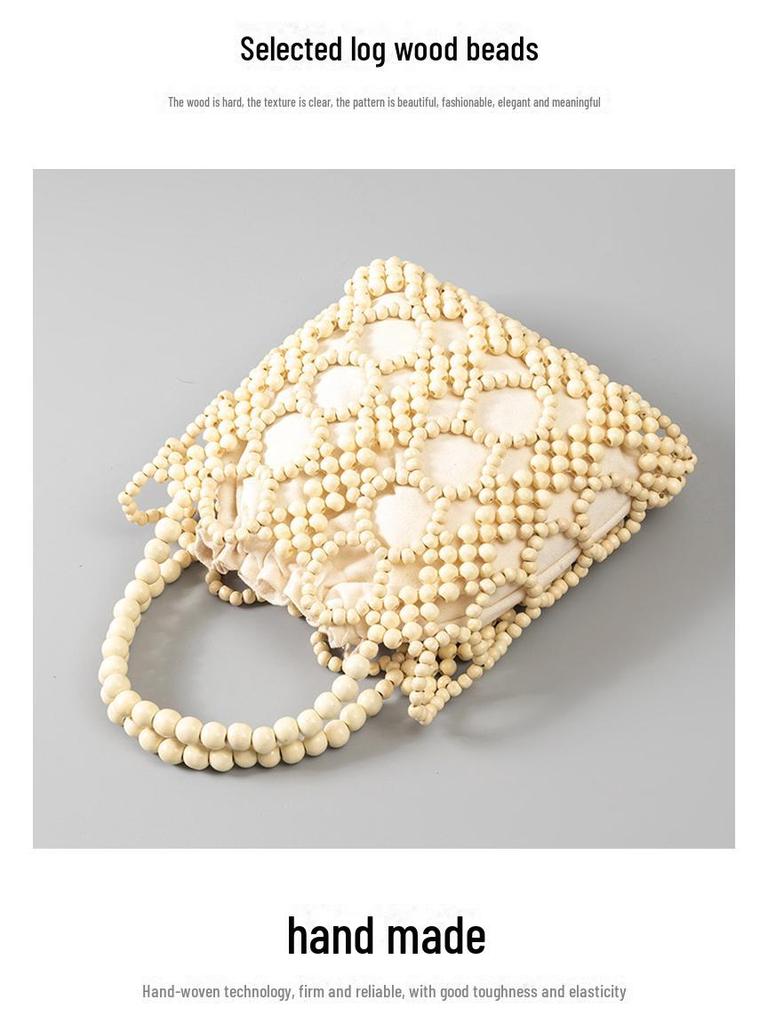 ENSPT Damen Sommer Cross-Border Holzperlen Handtasche, Nischendesign, Vielseitig für den Arbeitsweg, Handgewebt