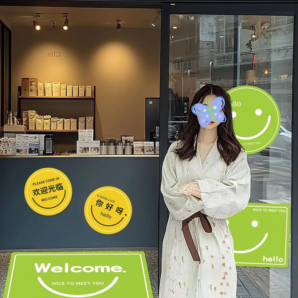 Hello Welcome Decorative Stickers Shopping Malls Clothing Milk Tea Shops Floor Posters Smiling Face Covering Up Hole Wallpaper