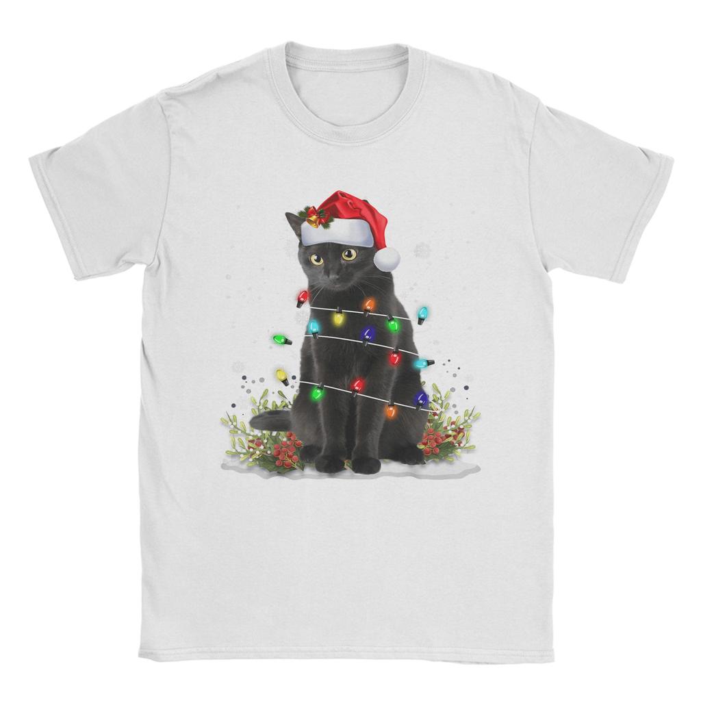 Men's Black Cat Christmas Santa Hat Funny Meowy Cats T-Shirts Clothing Beach Short-Sleeve T-Shirt O Neck Harajuku Tee Shirt