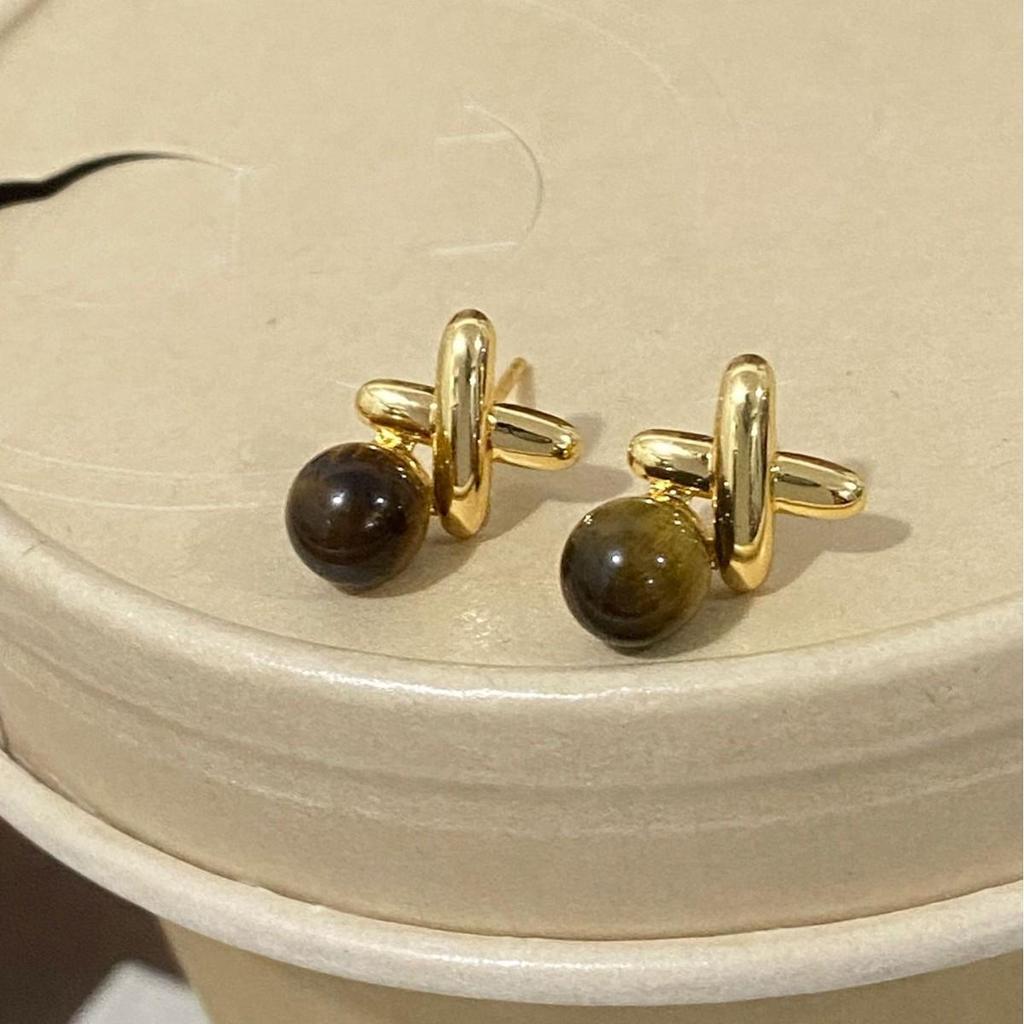 French Gold Cross Tiger Eye Stud Earrings: Melange Style, Light Luxury, Unique Design for Women
