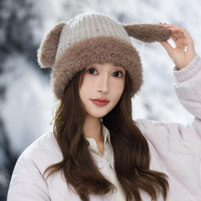 All Match Colorful Dotted Short Eared Rabbit Plush Hat with Autumn and Winter Sweet and Cute Warm Basin Hat Outdoor Cold Proof Ear Protection Hat