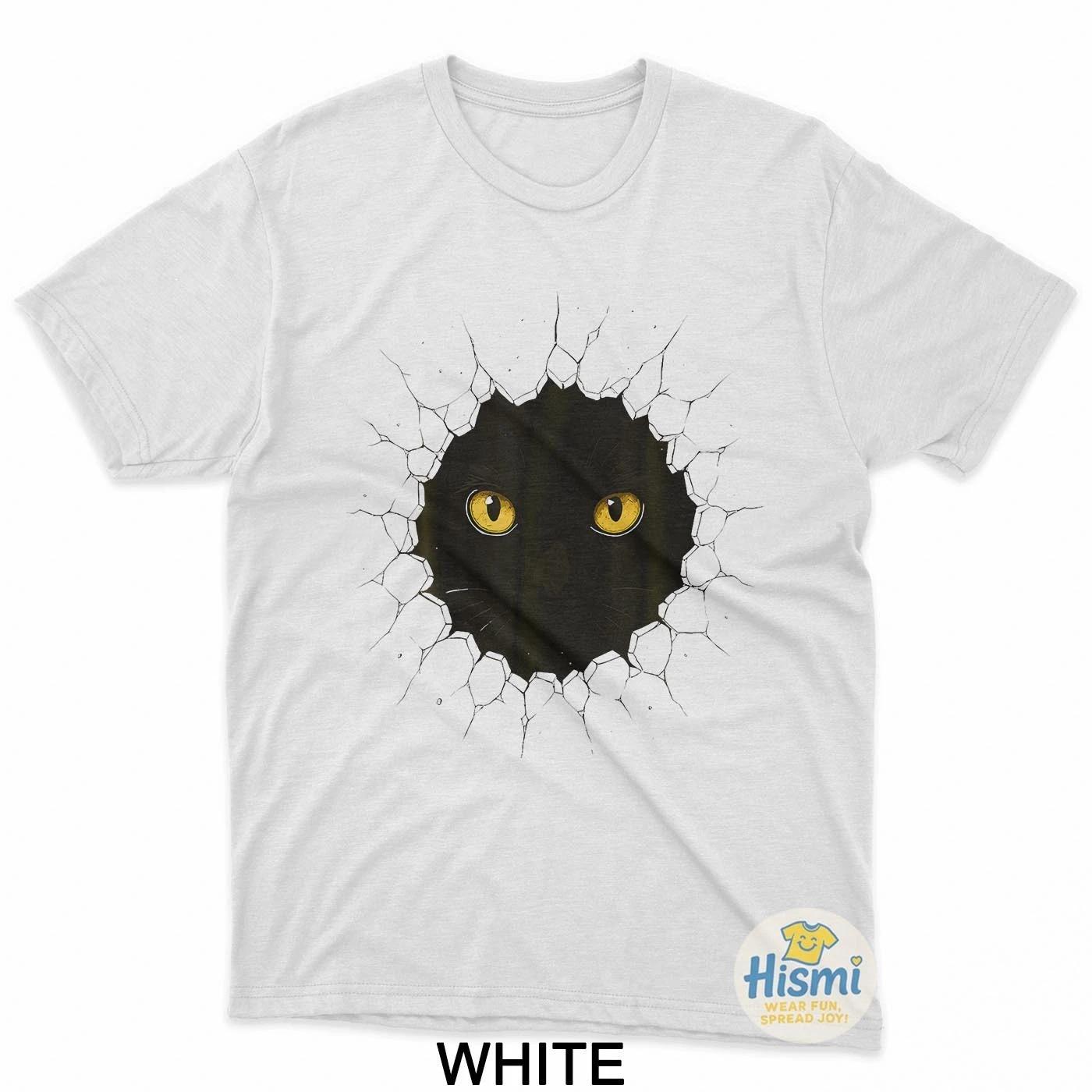 Black Cat Cracks Wall Yellow Eyes Cool Spooky Cat Lover T-Shirt S