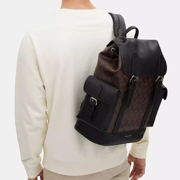 COACH Hudson Coated Canvas With Leather Backpack Large Men's Mahogany & Black CR388-QBAE4