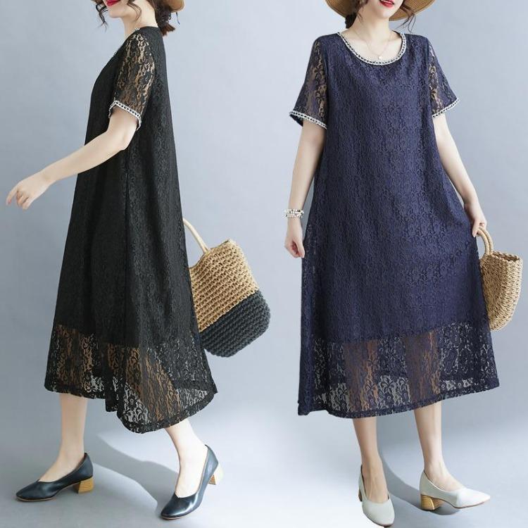 New Summer Loose Long Dress Vintage Floral Lace Casual Basic Dress for Women Plus Size