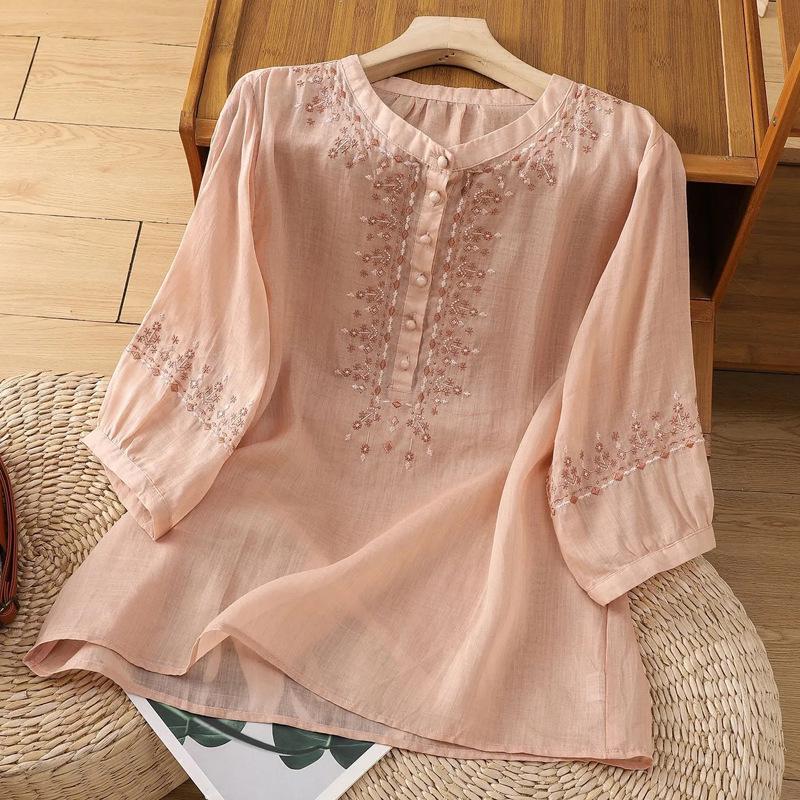 Women's Retro Cotton Five-Sleeve Ethnic Style Round Neck Top - Loose, Slimming Shirt for Spring/Summer