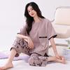 Pajamas with Chest Pads Women's Pure Cotton Short-sleeved Cropped Pants Summer Thin Cotton Summer Large Size Black Loungewear Set
