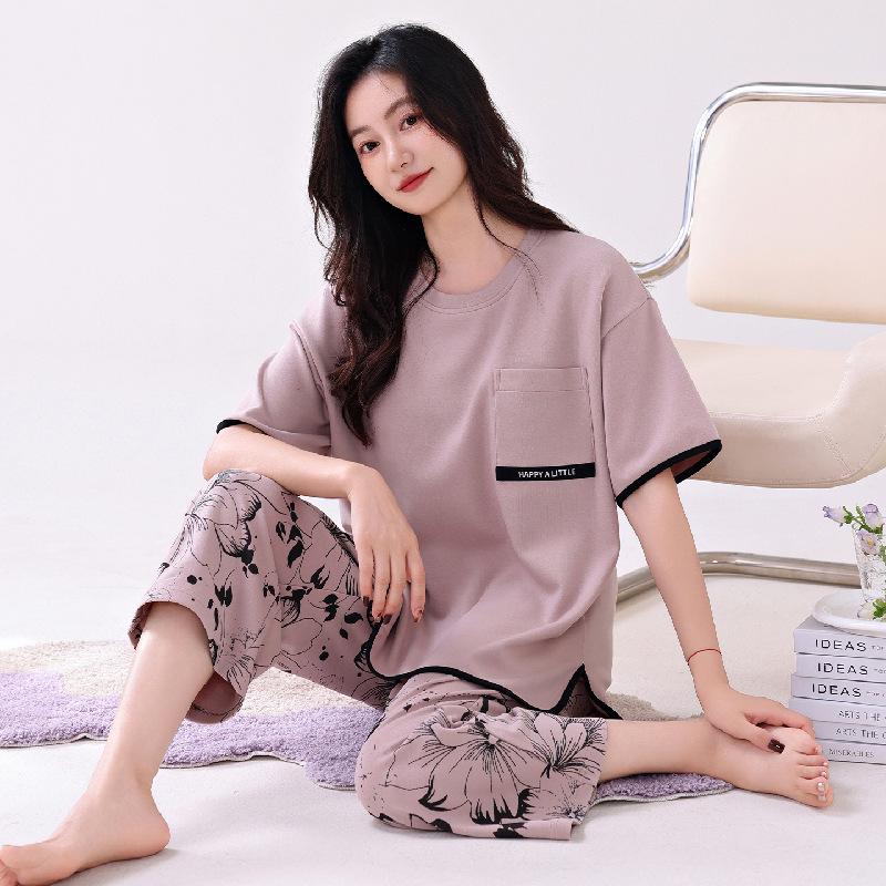 Pajamas with Chest Pads Women's Pure Cotton Short-sleeved Cropped Pants Summer Thin Cotton Summer Large Size Black Loungewear Set