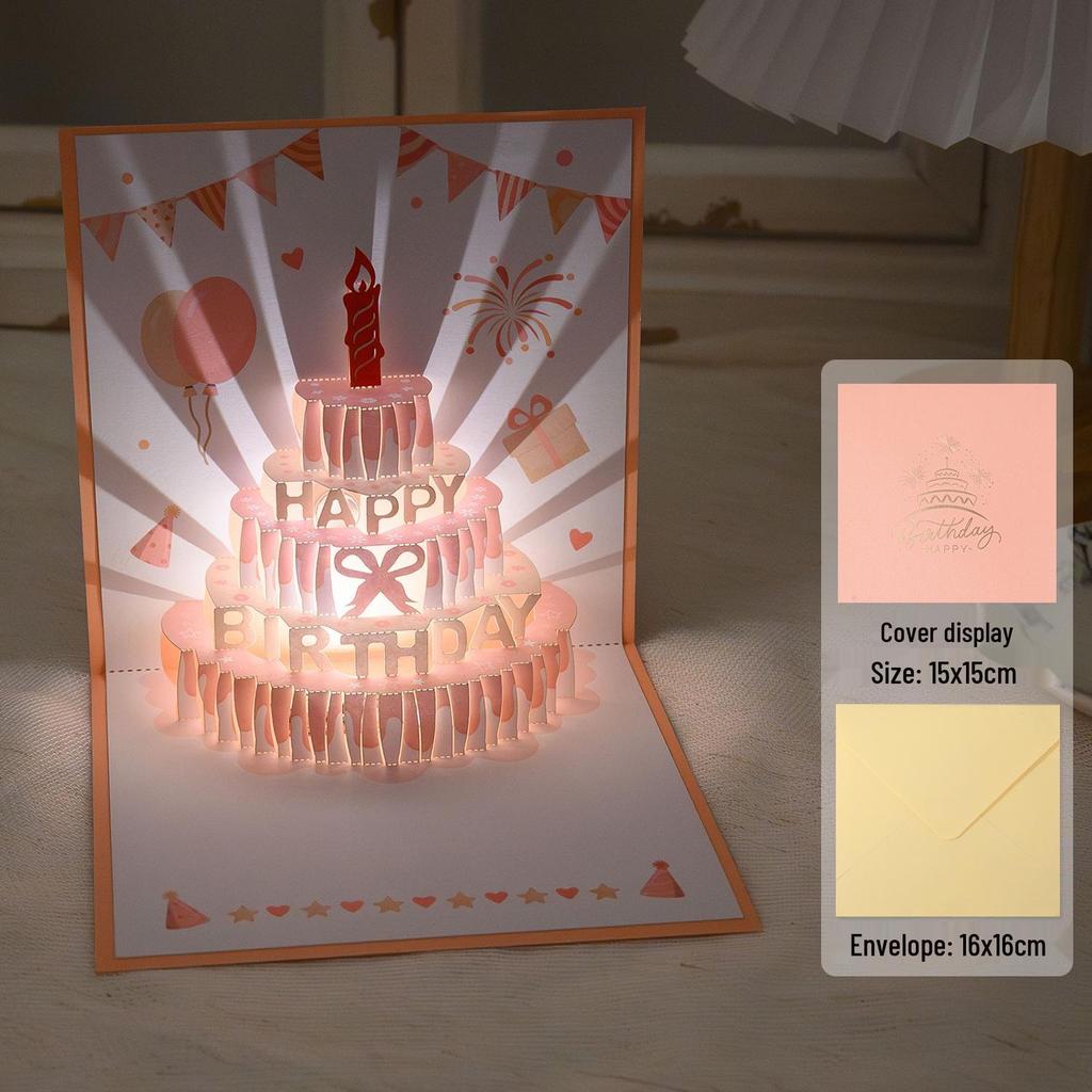 3D Pop-Up Birthday Sound Card with Recording Light - Cake Design for Boyfriend/Girlfriend Gift