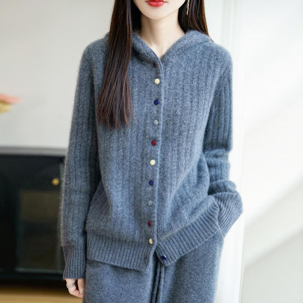 Damen Dicke Wolle Kapuzenstrickjacke - Herbst/Winter Locker gestrickter Pullovermantel