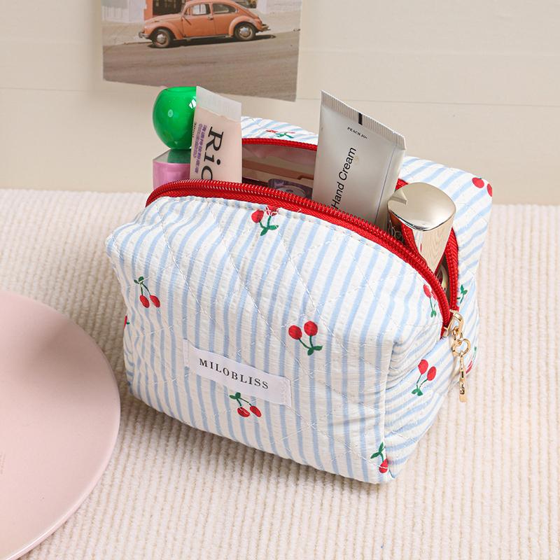 Plaid Bow Makeup Bag, Quilted Cherry Cosmetic Pouch, Student Lightweight Storage, Portable And Multifunctional