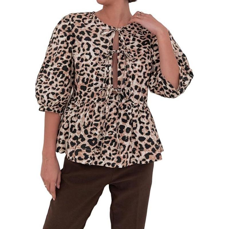 Spring and Summer Sweet and Casual Lace-up Striped Women's Blouses & Shirts