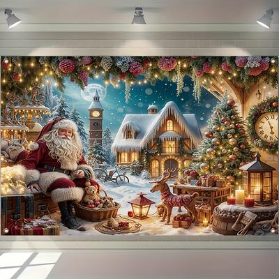 Santa Claus Gingerbread House Christmas Background Banner Polyester Suitable Party Decoration Outdoor Curtain Made Of Washable