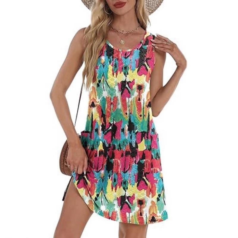 Women's Print Casual Sleeveless Vest Pocket Dress