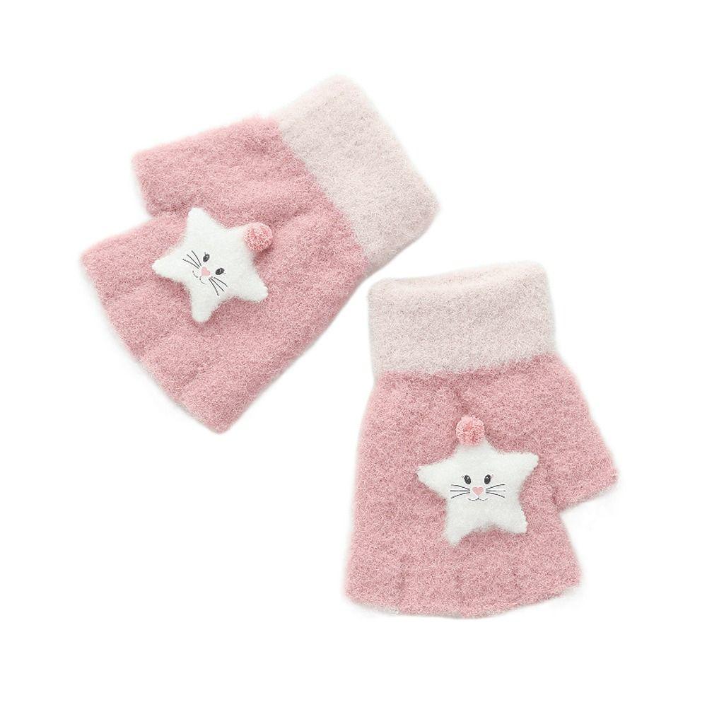 Cute Thicken Half Finger Knitted Cat Star Kids Outdoor Gloves Korean Mittens Children Winter Gloves
