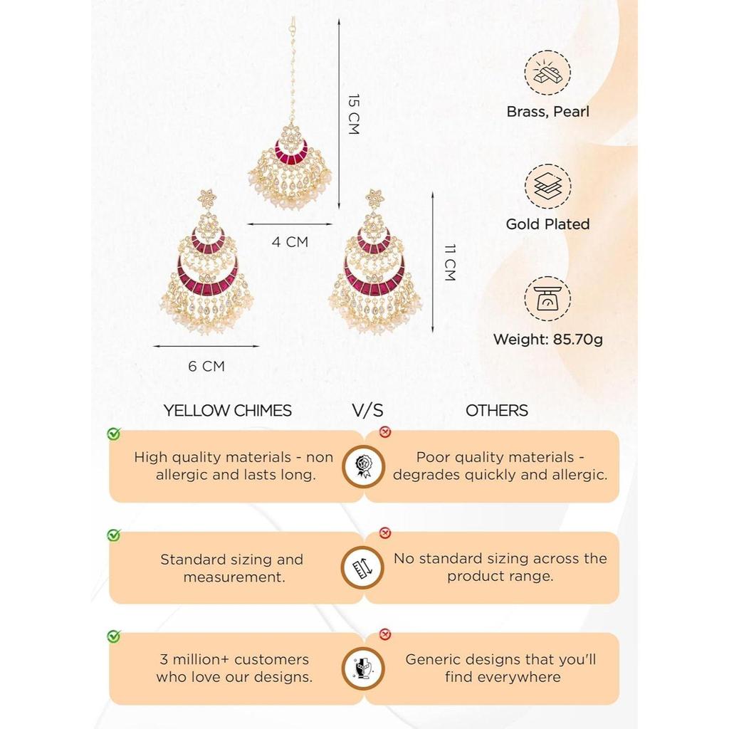 Mulheres e Meninas Kundans Chandbali | Banhado a Ouro Cravejado de Kundan Toque Meenakari Contas Pendentes Brincos Chandbali | Presente de Aniversário para meninas e mulheres