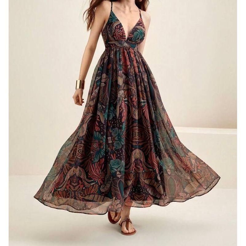 Foreign Trade Order Lu's Exquisite Chiffon Swing Skirt Waist-Slimming Slimming Dress Sling V-neck Formal Dress Print Long Dress