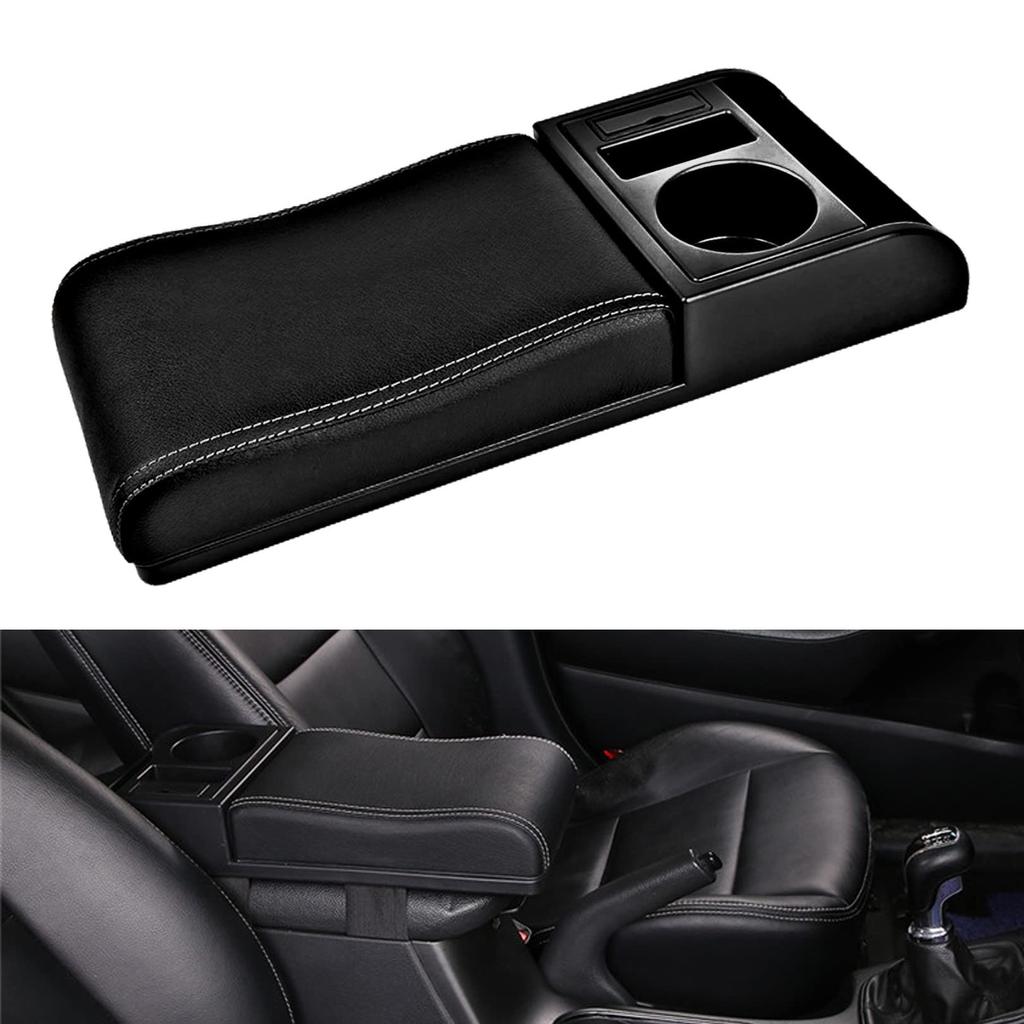 PIENSE Universal Car Armrest Console Box with Extendable USB Charging Drink and Storage White Armrest, Port, Holder, (Black & Lines)