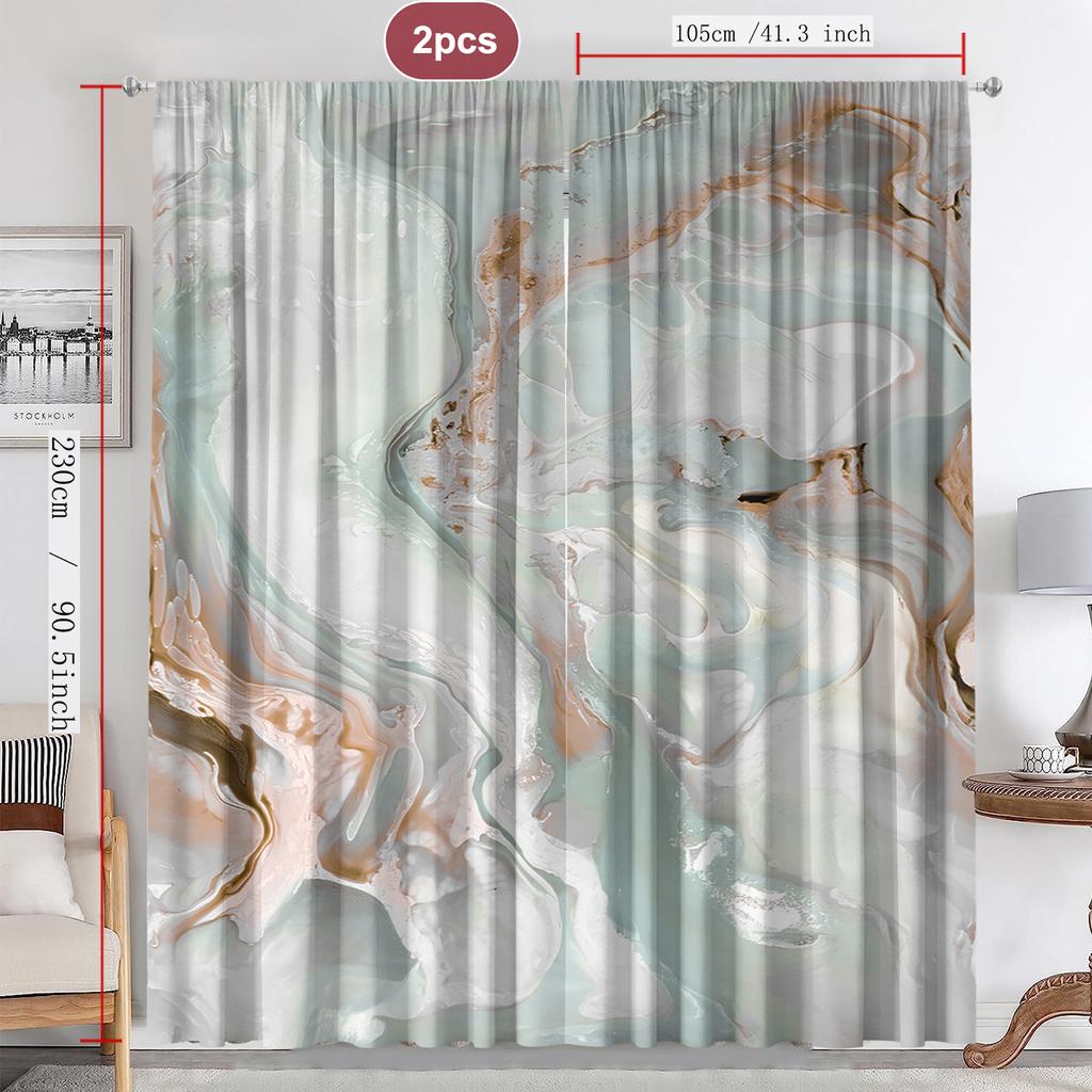 2PC Home Decoration Curtains With Green Marble Background And Pole Pocket Curtains, Kitchen, Coffee Shop, Living Room, Balcony