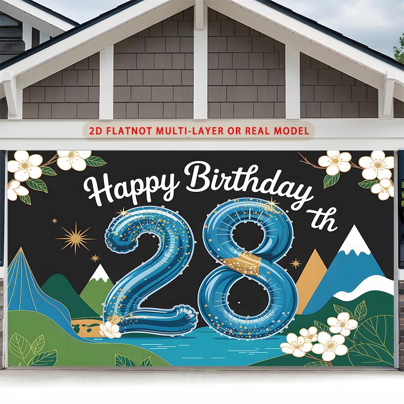 Party Backdrop Happy Birthday Birthday Floral Blue 28Th Photo Booth Background Front Door Decor