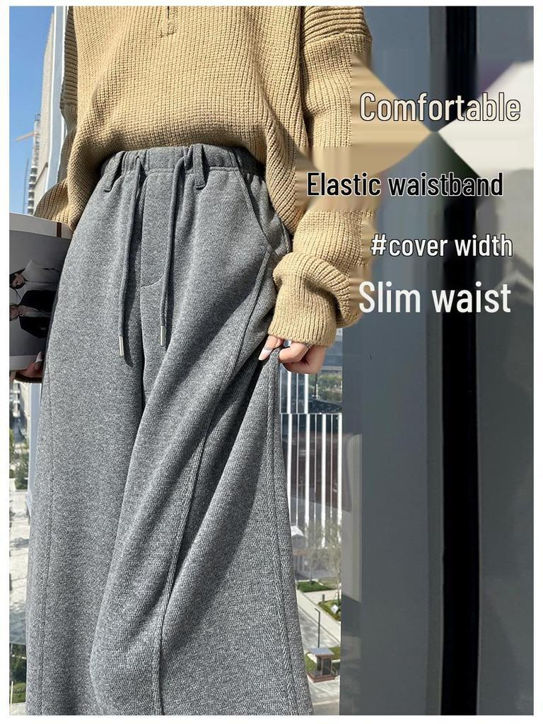 Women's High-Waisted Fleece-Lined Wool Wide-Leg Pants - Winter Slimming Casual Floor-Length.