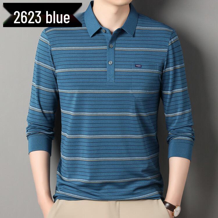 Men's Striped Autumn Cotton Polo - Long Sleeve, Turn-Down Collar, Breathable, Casual Business Shirt