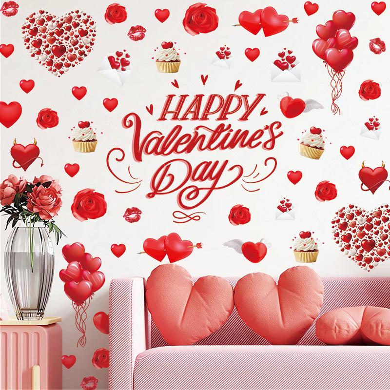 Valentine's Day Window Sticker Pvc Self-adhesive Holiday Party Wedding Cake Love Roses Cat Balloon Home Decor Wall Decals