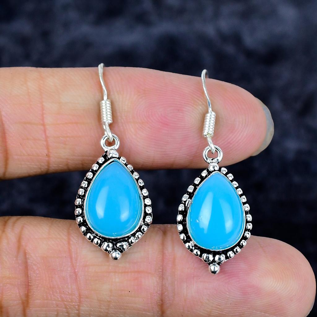 Blue Chalcedony Gemstone Handmade 925 Sterling Silver Jewelry Earring 1.58" M-3362