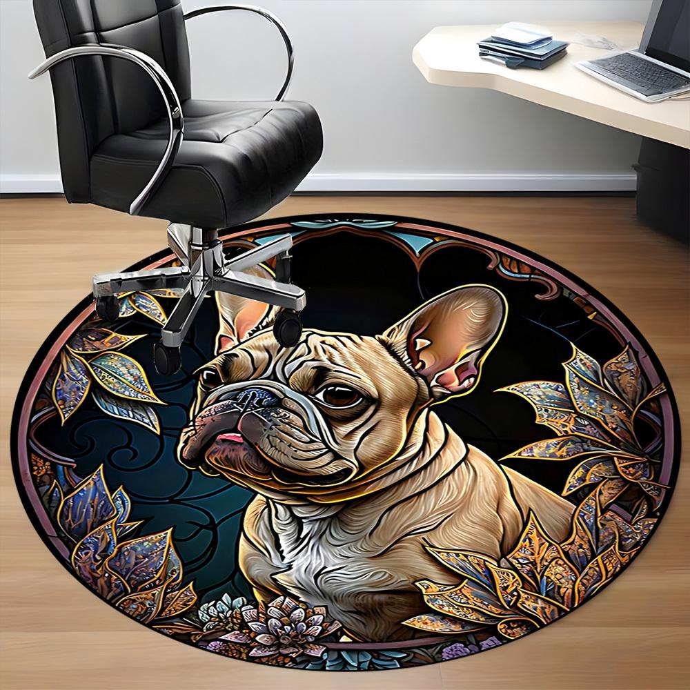 1PC Stained Glass Bulldog Office Round Area Rug, Mat Suitable ForOffice, Under Office Chairs Bedroom Living Room Home Decor, Room Deco