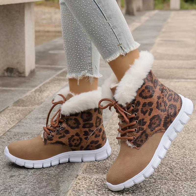 Winter Leopard Print Cotton Padded Shoes Women Anti Slip Lace Up Warm Fur Snow Boots Woman Plus Size 43 Fluffy Ankle Boots