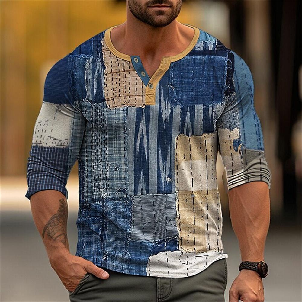 Chemises Henley Patchwork Color Block Automne Impression 3D Mode Homme Vintage Boutonnée Manches Longues T-Shirts Hauts Vêtements pour Homme
