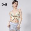 Women Performance Costume Belly Dance Crop Top Backless Sleeveless Sequin Latin Dance Costume Bandage Vest with Adjustable Elastic Bands Shiny Party