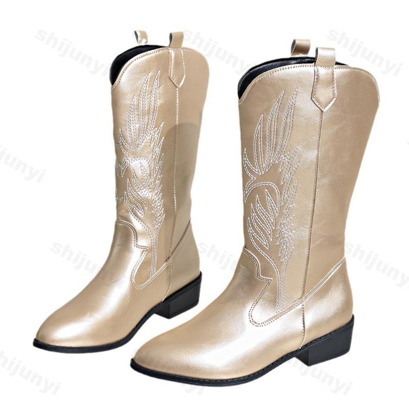 Fashion Women Ankle Boots 2025 Autumn New Embroidered Western Cowboy Boots Pointed Toe Thick Heel Gold Woman Short Boots Botas Mujer