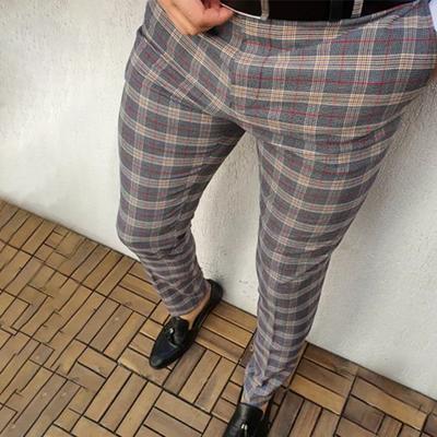 Mid-rise Zipper Button Fly Pockets Men Pants Autumn Plaid Print Straight Fit Casual
