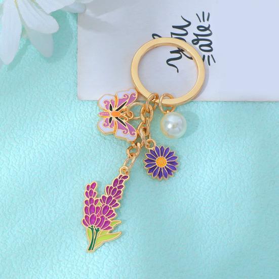Schlüsselanhänger Anhänger mit runden Imitationsperlen, Blume Schmetterling Emaille Anhänger Schlüsselring, Pastoraler Stil Mehrschichtiger Anhänger Anhänger Schlüsselhalter
