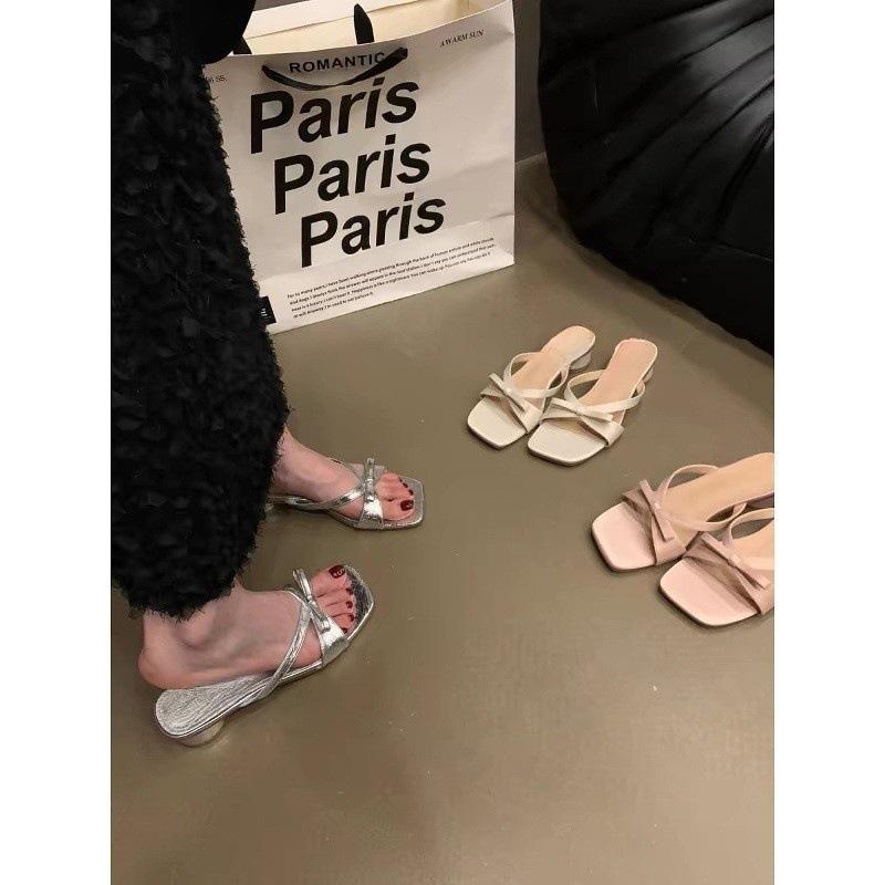 One-word Sandals Women's 2025 Summer New Bow Thin Strap Thick Heel Medium Heel Sweet Gentle Wind with Skirt Slippers
