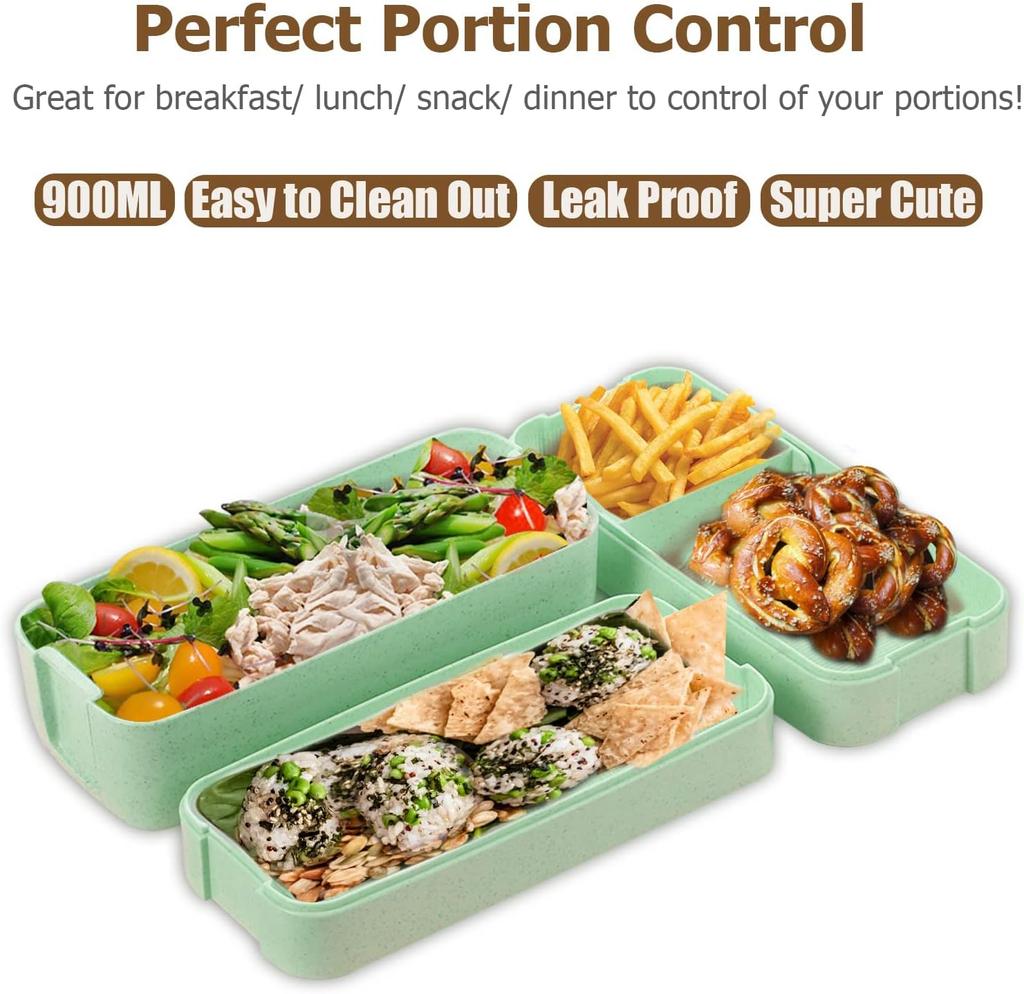 Bento Box for Adults, 3-In-1 Meal Prep Container, 900ML Lunch Box with Compartment, Wheat Straw, Leak-proof, Spoon & Fork