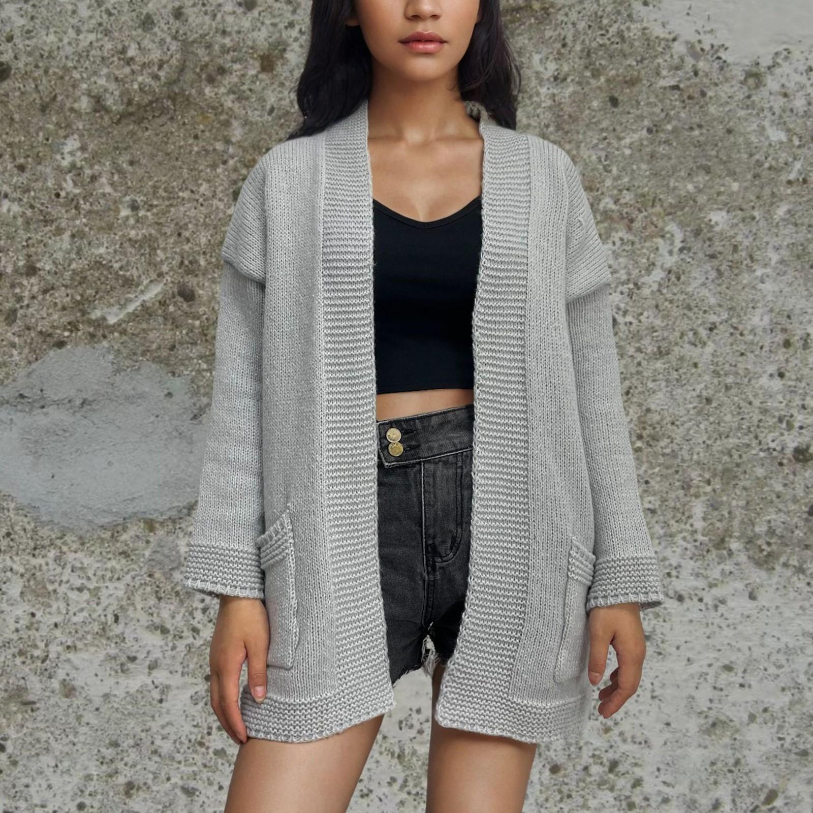 

Женская мода вязаный карманный кардиган свитер со свободным пальто S