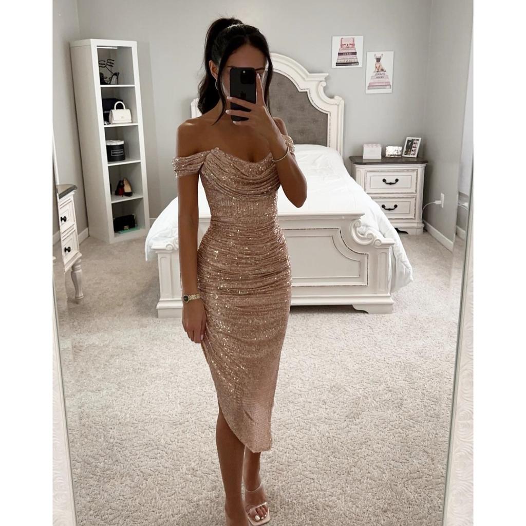 Damen schulterfrei kurzärmliges Midi-Kleid schmale Passform hohe Taille einfarbig Pailletten gerafft Bodycon Kleid