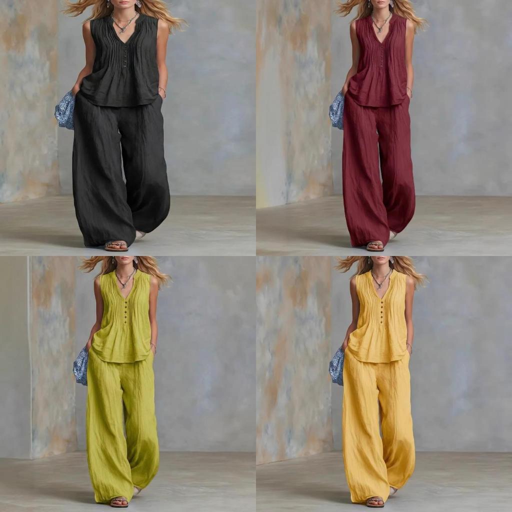 Casual Sleeveless Vneck Pants Set For Women With Polyester Splicing Style For Summer