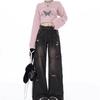 Women's High Waist Retro Frayed Jeans - Spring/Autumn 2025 Wide Leg, Floor-Length