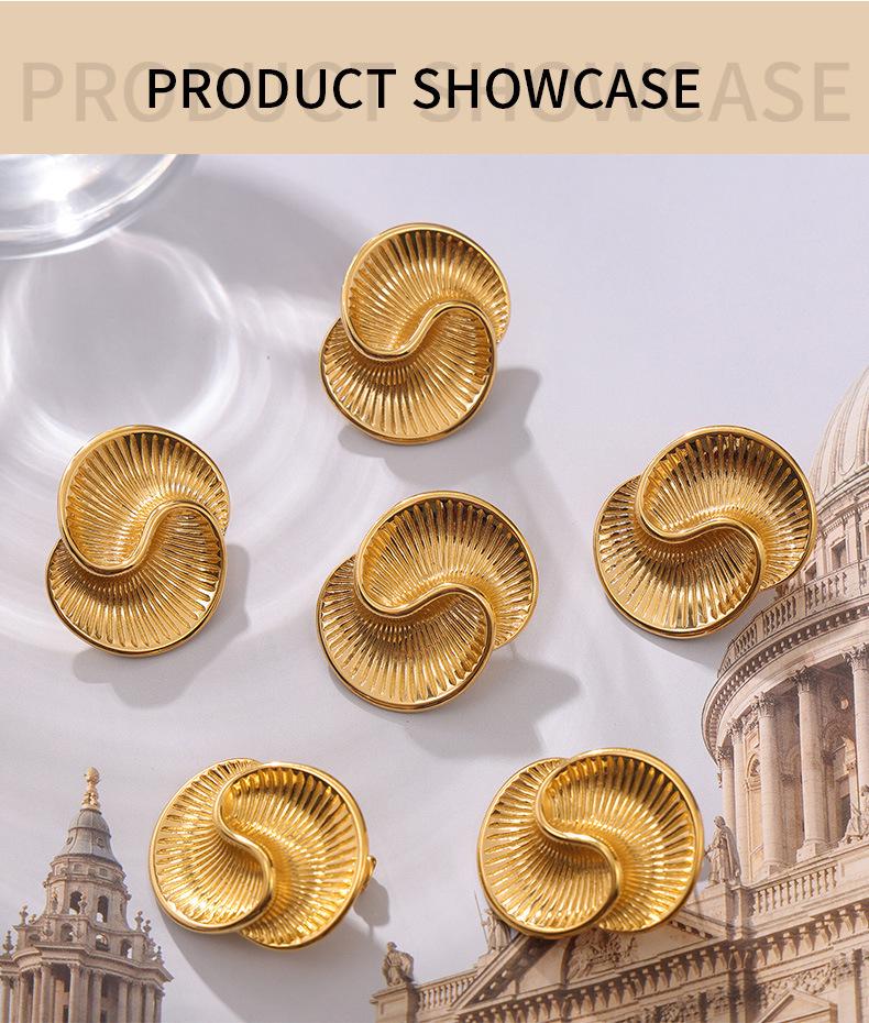 European and American Style Asymmetrical Titanium Steel 18K Gold Plated Water Drop Texture Spiral Earrings for Women