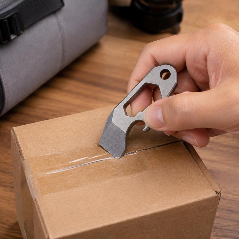 Key Holder Tool for Packages and Drink Bottles with a Single Metal Body and Carry Hole for Everyday Use on Key Hardware, a Pack, or a Belt