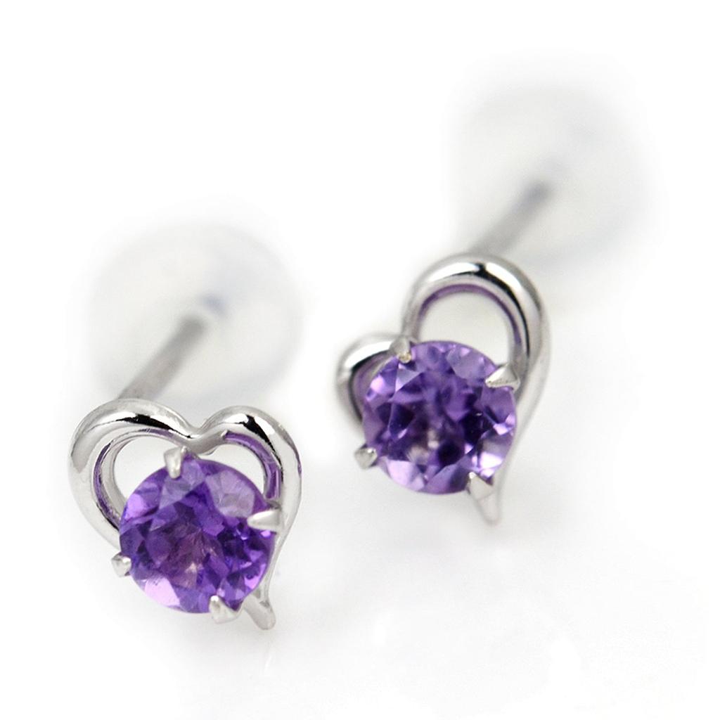 Pair of 10K White Gold Open Heart Stud Earrings with February Birthstone Amethyst,