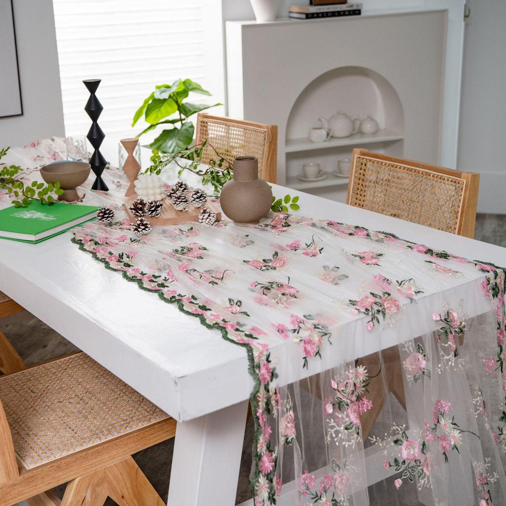 Imanqi Yun Pink Floral Embroidered Tablecloth and Cake Photography Backdrop