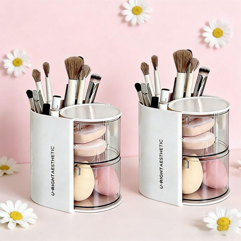 360-Degree Rotating Cosmetic Storage Box Dustproof Multi-Functional For Storing Brushes Sponges And Lipstick