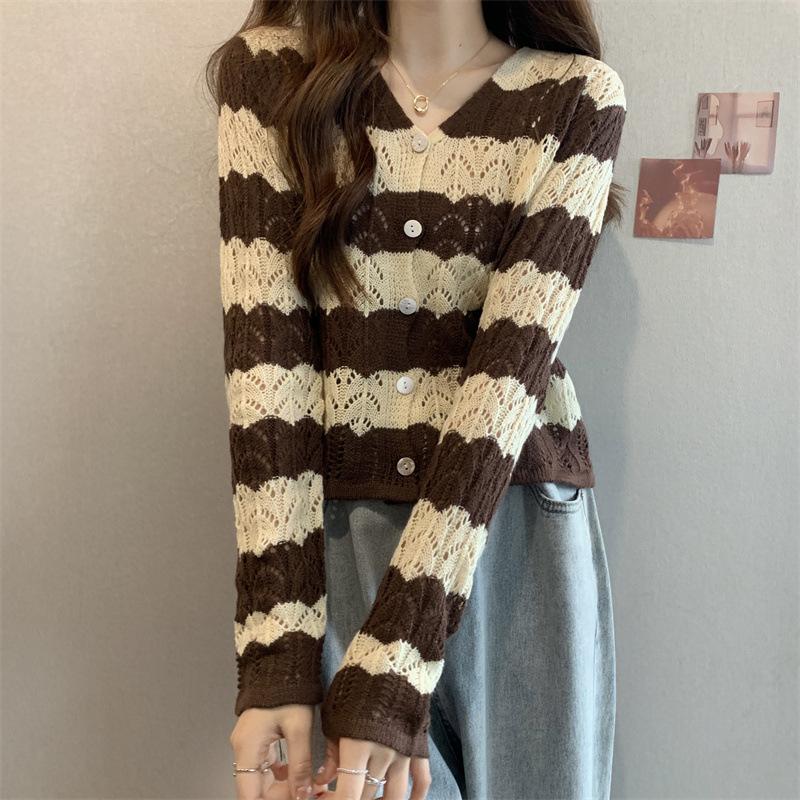 Spring and Autumn retro striped hollow knitted cardigan fashionable small fresh and thin foreign top long sleeve knitted sweater