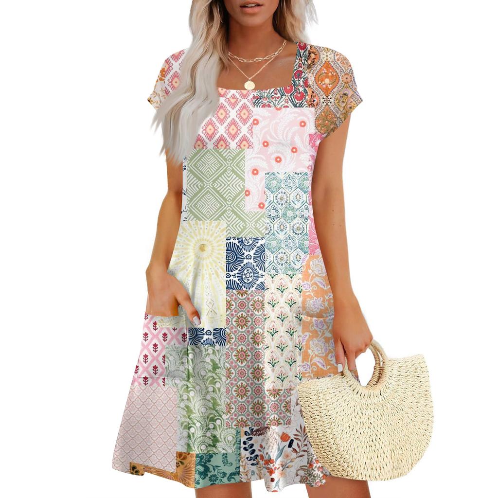 Summer Dresses For Women Loose Square Neck Cap Sleeve Casual Beach Vacation Tshirt Dress Sundresses With Pockets