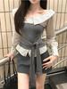Koreanisches Streifen-Farbblock-Patchwork-One-Shoulder-Taillenbetontes Schlankmachendes Oberteil für Damen